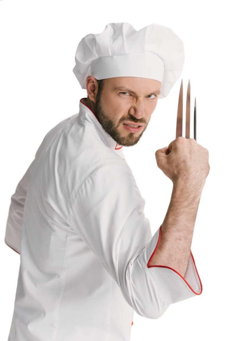 angry chef with wolverine claws made of knives isolated on white